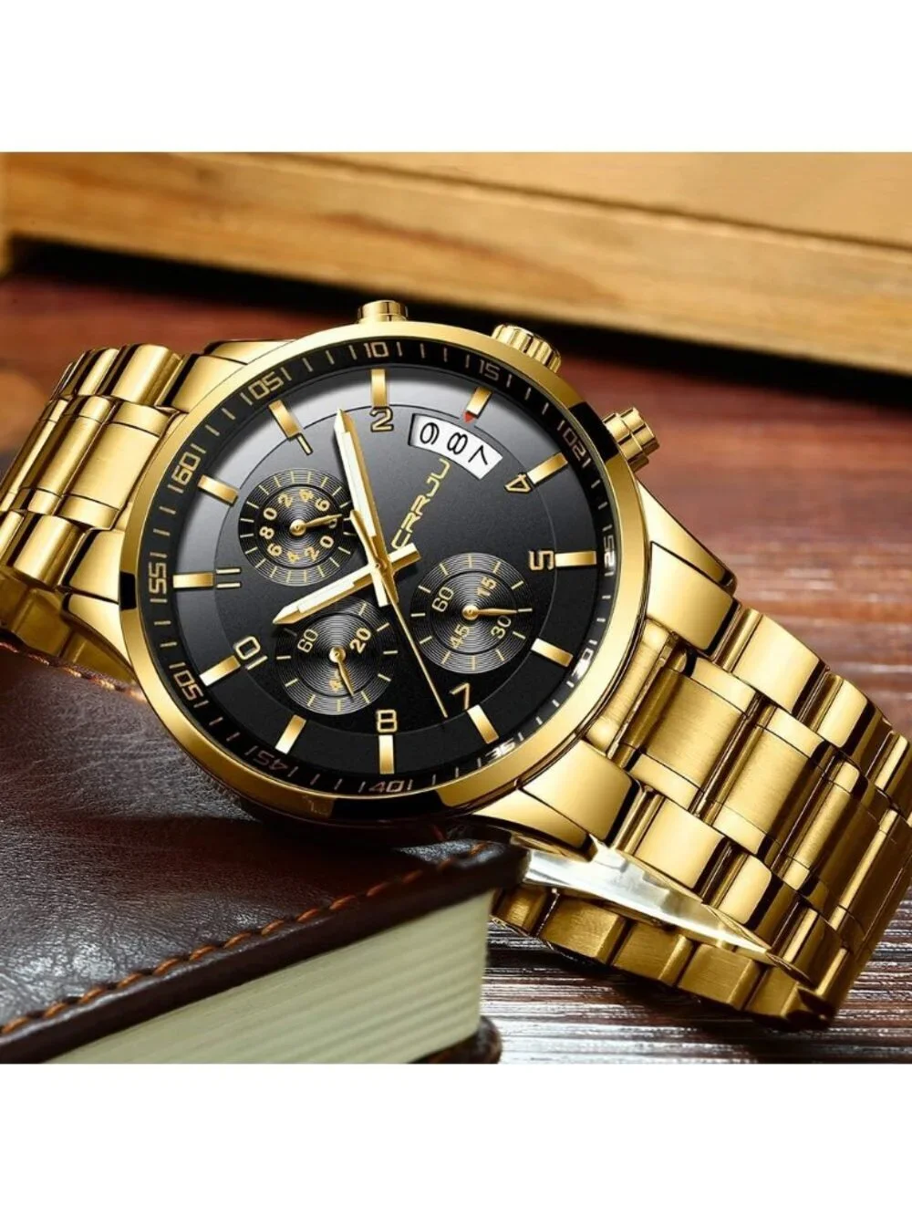 Mens Gold Black Analog Quartz Stainless Steel Waterproof Chronograph Wrist Watch